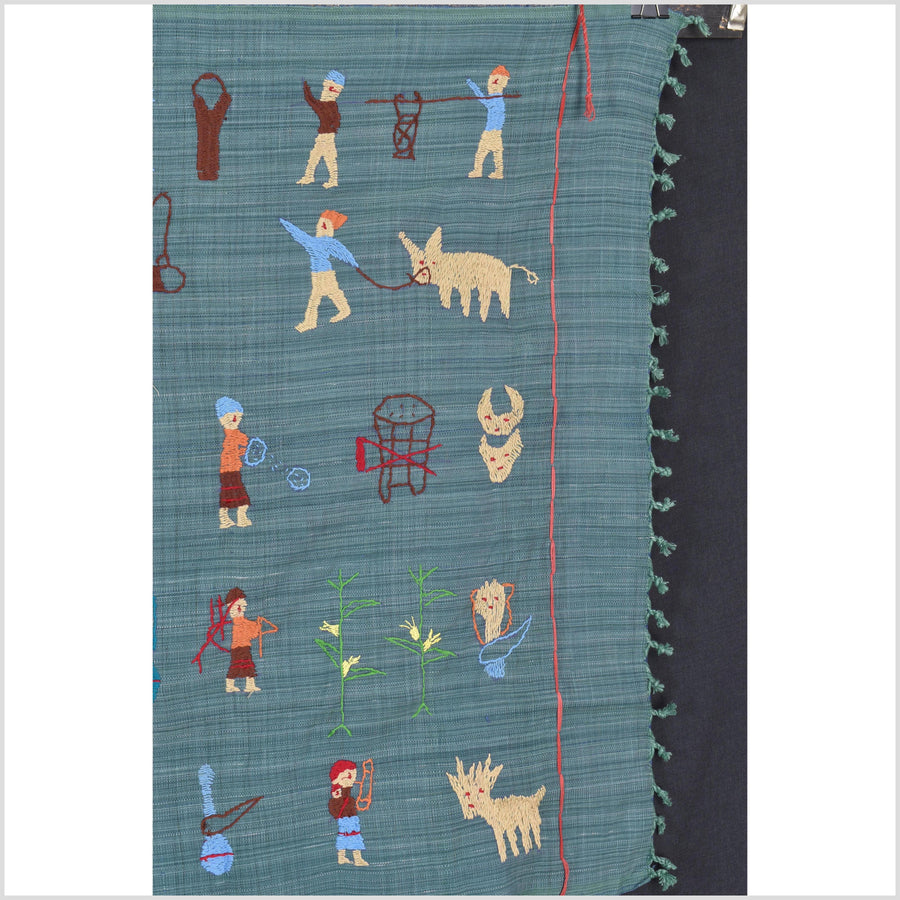 Teal cotton story quilt Naga tribal textile ethnic embroidered boho fabric Burma hill tribe tapestry Thailand India Hmong II238