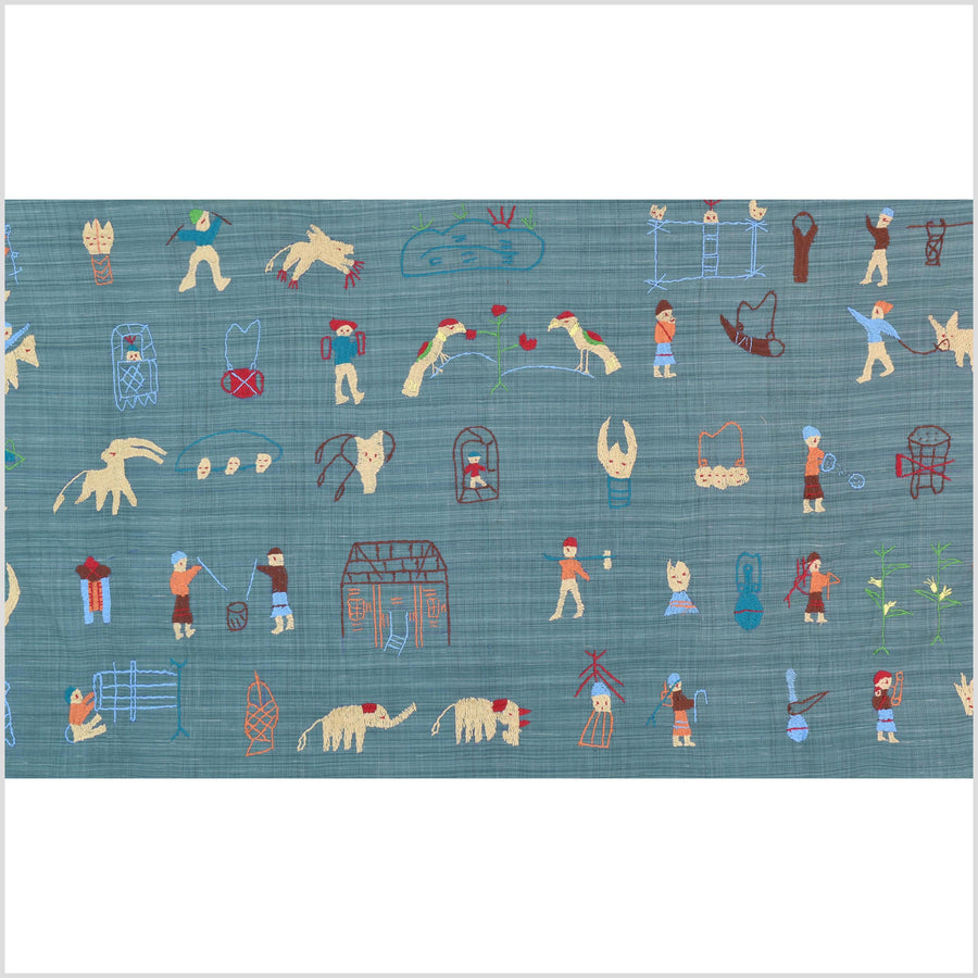 Teal cotton story quilt Naga tribal textile ethnic embroidered boho fabric Burma hill tribe tapestry Thailand India Hmong II238