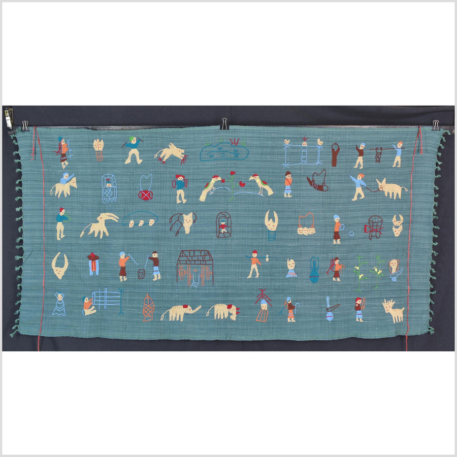 Teal cotton story quilt Naga tribal textile ethnic embroidered boho fabric Burma hill tribe tapestry Thailand India Hmong II238
