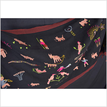 Pitch black cotton story quilt Naga tribal textile ethnic embroidered boho fabric Burma hill tribe tapestry Thai India Hmong II239