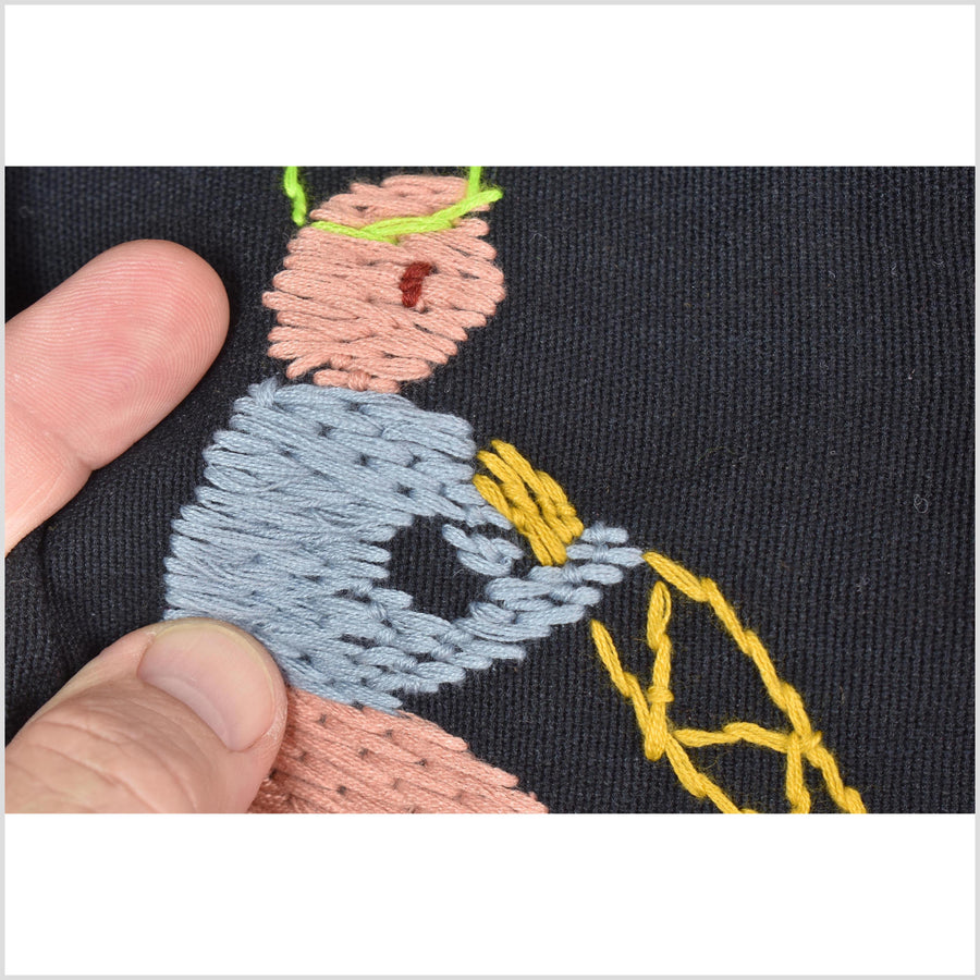 Pitch black cotton story quilt Naga tribal textile ethnic embroidered boho fabric Burma hill tribe tapestry Thai India Hmong II239