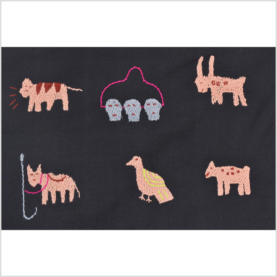Pitch black cotton story quilt Naga tribal textile ethnic embroidered boho fabric Burma hill tribe tapestry Thai India Hmong II239