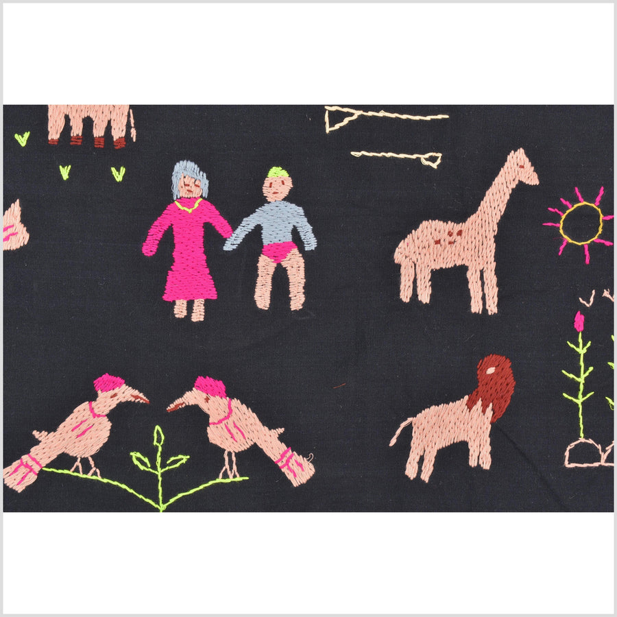 Pitch black cotton story quilt Naga tribal textile ethnic embroidered boho fabric Burma hill tribe tapestry Thai India Hmong II239