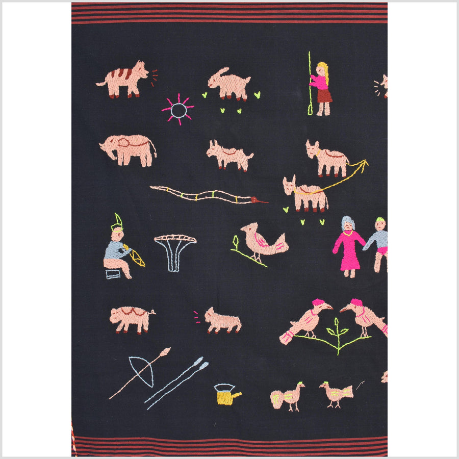 Pitch black cotton story quilt Naga tribal textile ethnic embroidered boho fabric Burma hill tribe tapestry Thai India Hmong II239