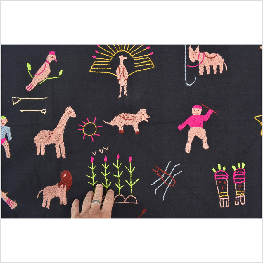 Pitch black cotton story quilt Naga tribal textile ethnic embroidered boho fabric Burma hill tribe tapestry Thai India Hmong II239