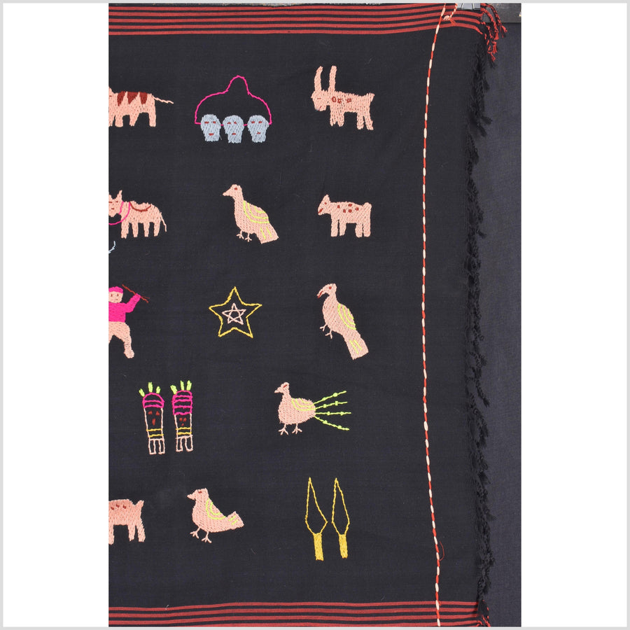 Pitch black cotton story quilt Naga tribal textile ethnic embroidered boho fabric Burma hill tribe tapestry Thai India Hmong II239