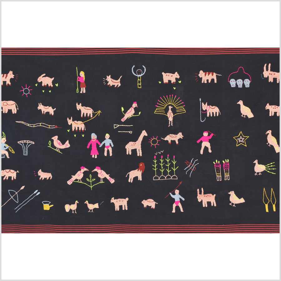 Pitch black cotton story quilt Naga tribal textile ethnic embroidered boho fabric Burma hill tribe tapestry Thai India Hmong II239
