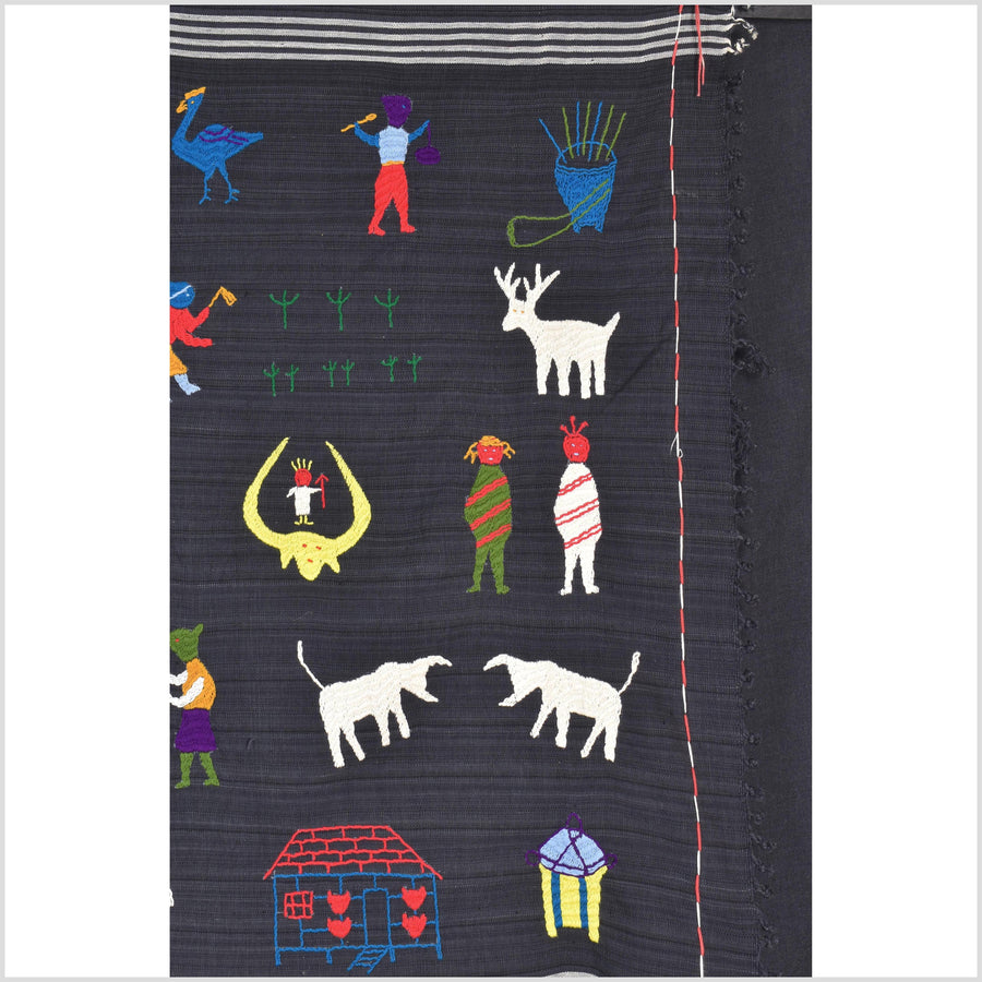 Striking variegated black cotton story quilt Naga tribal textile ethnic embroidered boho fabric Burma hill tribe tapestry Thai India ii240