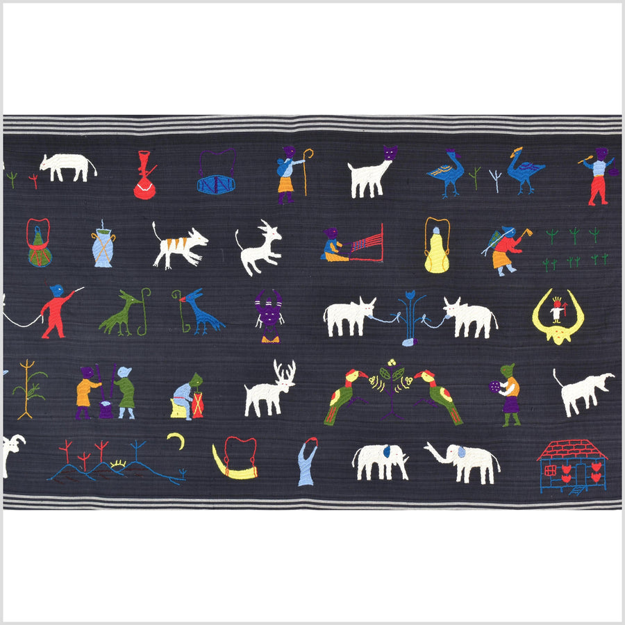 Striking variegated black cotton story quilt Naga tribal textile ethnic embroidered boho fabric Burma hill tribe tapestry Thai India ii240
