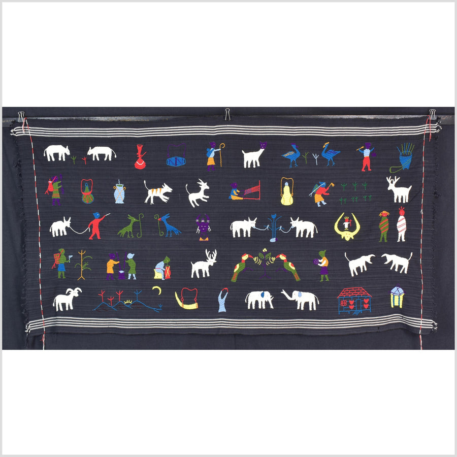 Striking variegated black cotton story quilt Naga tribal textile ethnic embroidered boho fabric Burma hill tribe tapestry Thai India ii240