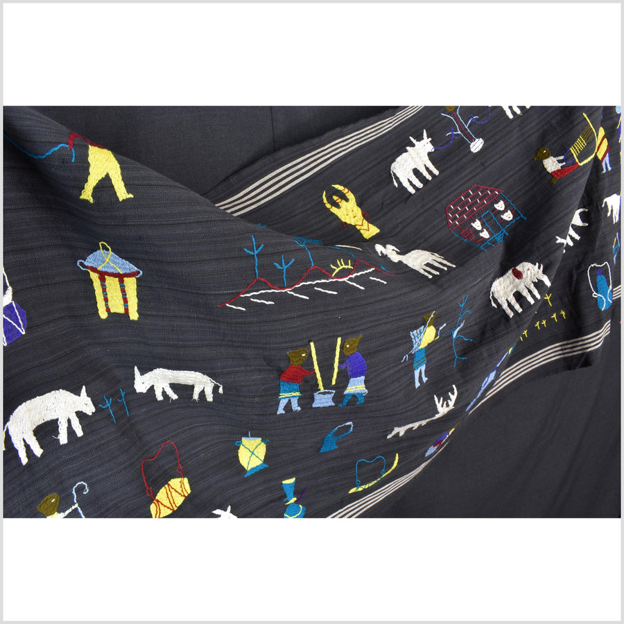 Striking variegated black cotton story quilt Naga tribal textile ethnic embroidered boho fabric Burma hill tribe tapestry Thai India ii241