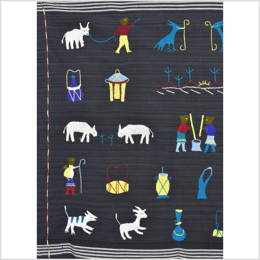 Striking variegated black cotton story quilt Naga tribal textile ethnic embroidered boho fabric Burma hill tribe tapestry Thai India ii241