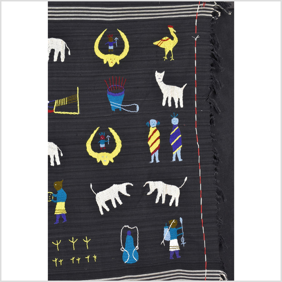 Striking variegated black cotton story quilt Naga tribal textile ethnic embroidered boho fabric Burma hill tribe tapestry Thai India ii241