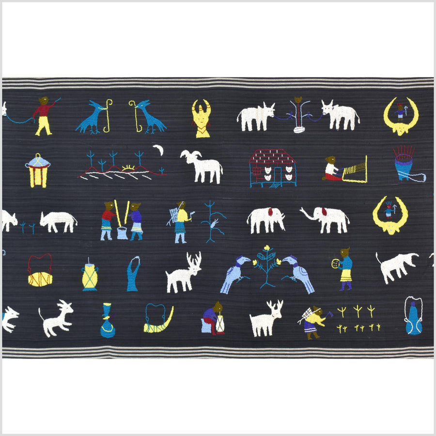 Striking variegated black cotton story quilt Naga tribal textile ethnic embroidered boho fabric Burma hill tribe tapestry Thai India ii241