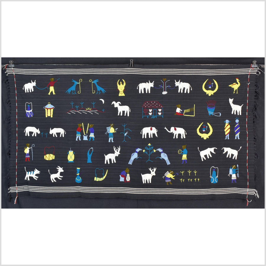 Striking variegated black cotton story quilt Naga tribal textile ethnic embroidered boho fabric Burma hill tribe tapestry Thai India ii241