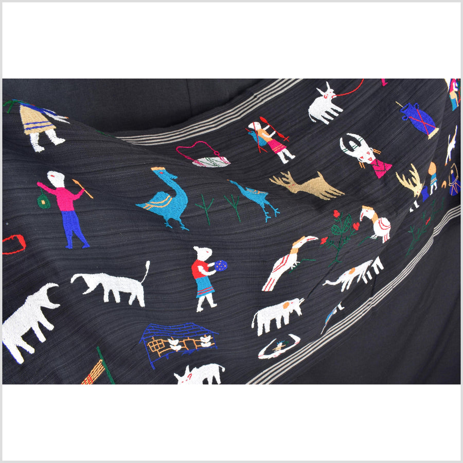 Striking variegated black cotton story quilt Naga tribal textile ethnic embroidered boho fabric Burma hill tribe tapestry Thai India ii242