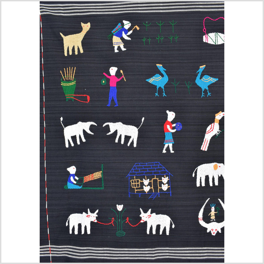 Striking variegated black cotton story quilt Naga tribal textile ethnic embroidered boho fabric Burma hill tribe tapestry Thai India ii242