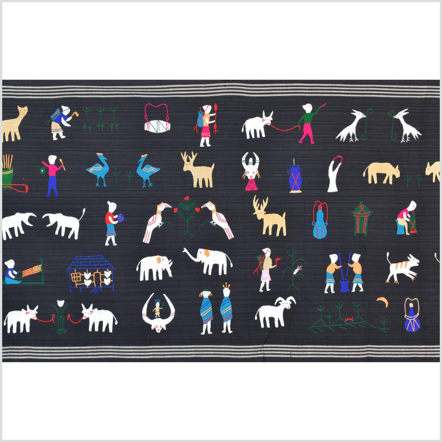 Striking variegated black cotton story quilt Naga tribal textile ethnic embroidered boho fabric Burma hill tribe tapestry Thai India ii242