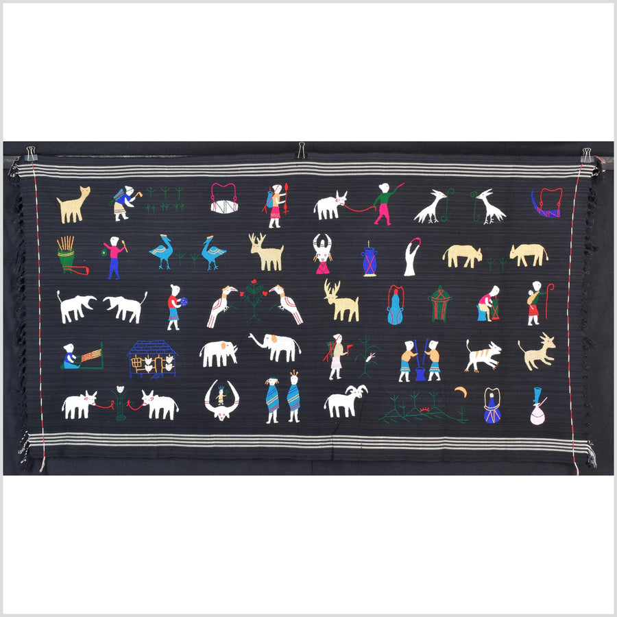 Striking variegated black cotton story quilt Naga tribal textile ethnic embroidered boho fabric Burma hill tribe tapestry Thai India ii242