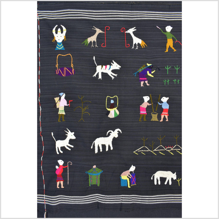 Striking variegated black cotton story quilt Naga tribal textile ethnic embroidered boho fabric Burma hill tribe tapestry Thai India ii243