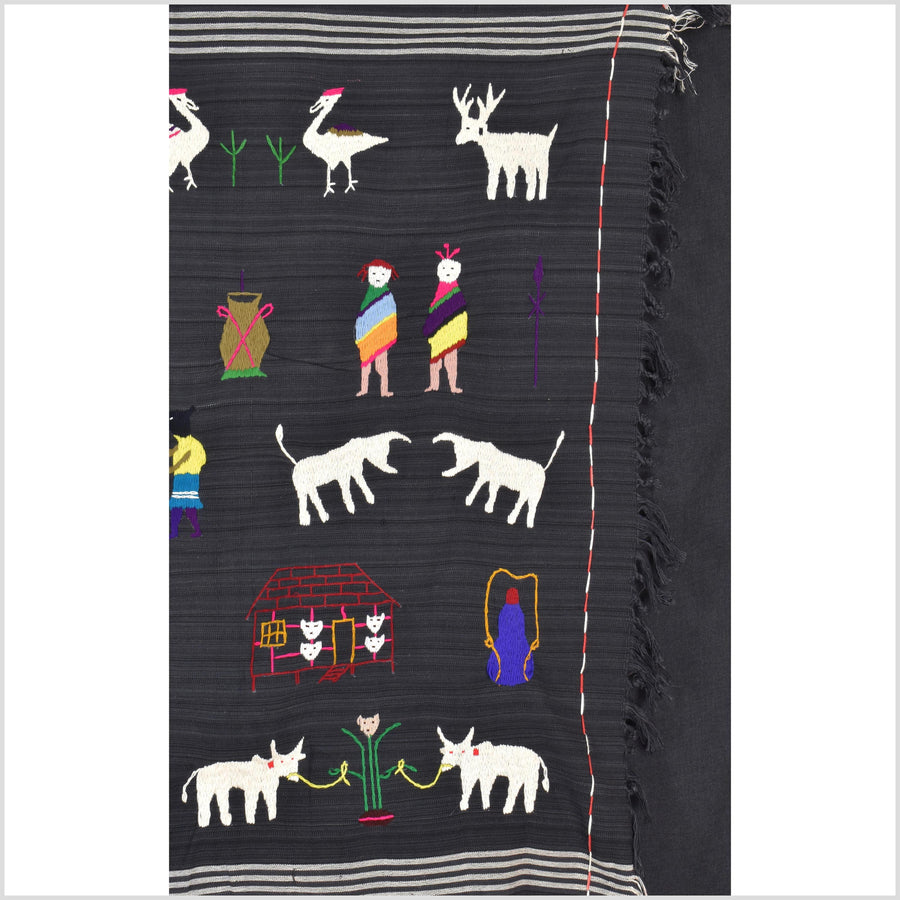 Striking variegated black cotton story quilt Naga tribal textile ethnic embroidered boho fabric Burma hill tribe tapestry Thai India ii243