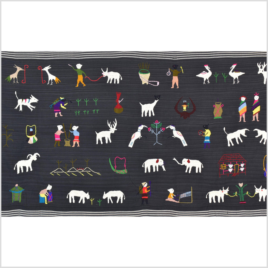 Striking variegated black cotton story quilt Naga tribal textile ethnic embroidered boho fabric Burma hill tribe tapestry Thai India ii243