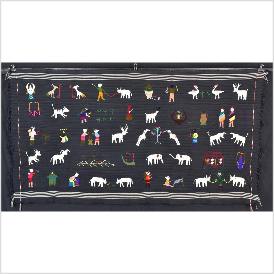 Striking variegated black cotton story quilt Naga tribal textile ethnic embroidered boho fabric Burma hill tribe tapestry Thai India ii243