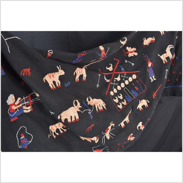 Outer-space black cotton story quilt Naga tribal textile ethnic embroidered boho fabric Burma hill tribe tapestry Thai India Hmong II245