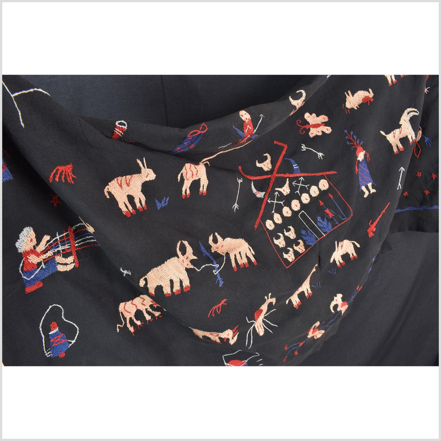 Outer-space black cotton story quilt Naga tribal textile ethnic embroidered boho fabric Burma hill tribe tapestry Thai India Hmong II245
