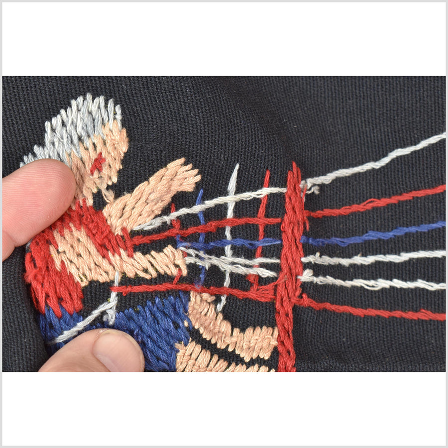 Outer-space black cotton story quilt Naga tribal textile ethnic embroidered boho fabric Burma hill tribe tapestry Thai India Hmong II245