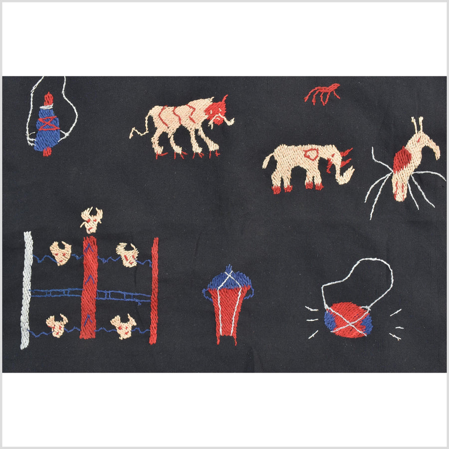Outer-space black cotton story quilt Naga tribal textile ethnic embroidered boho fabric Burma hill tribe tapestry Thai India Hmong II245