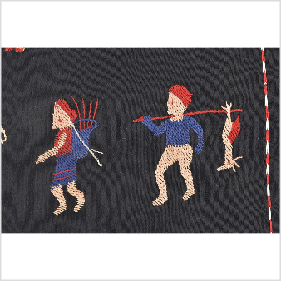 Outer-space black cotton story quilt Naga tribal textile ethnic embroidered boho fabric Burma hill tribe tapestry Thai India Hmong II245