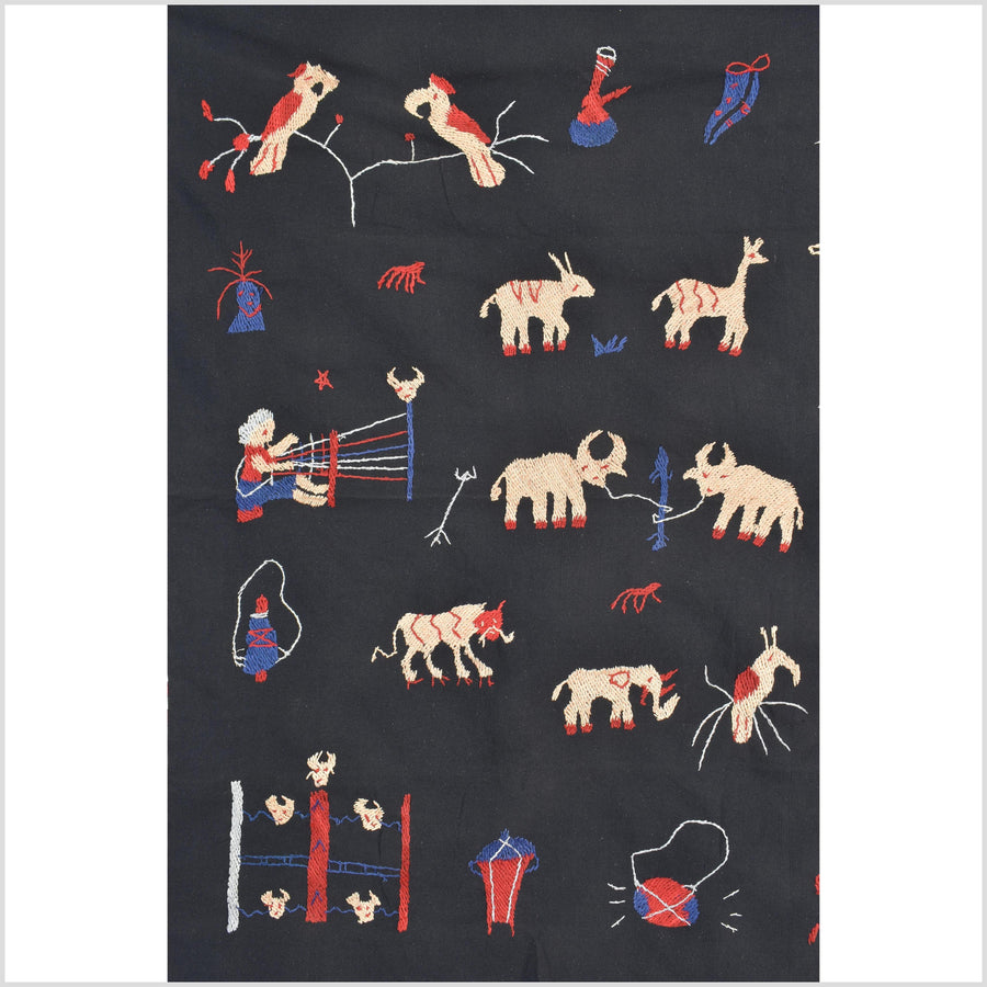 Outer-space black cotton story quilt Naga tribal textile ethnic embroidered boho fabric Burma hill tribe tapestry Thai India Hmong II245