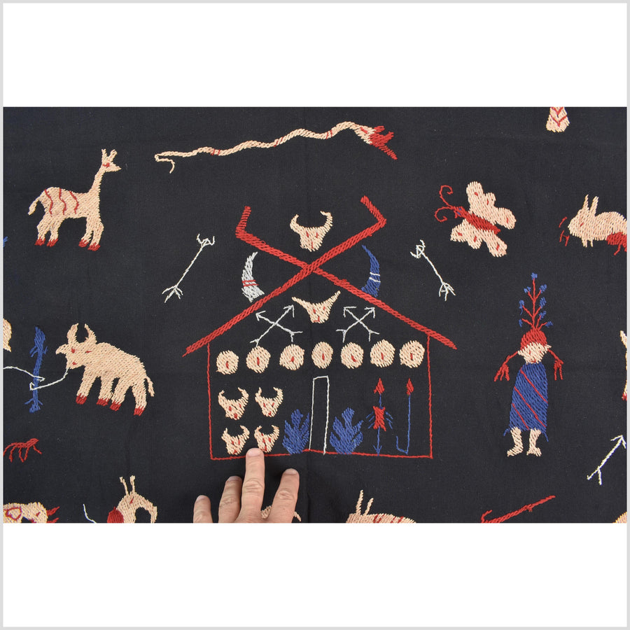 Outer-space black cotton story quilt Naga tribal textile ethnic embroidered boho fabric Burma hill tribe tapestry Thai India Hmong II245
