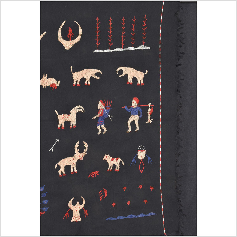Outer-space black cotton story quilt Naga tribal textile ethnic embroidered boho fabric Burma hill tribe tapestry Thai India Hmong II245