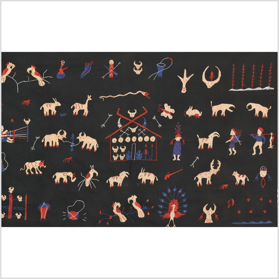 Outer-space black cotton story quilt Naga tribal textile ethnic embroidered boho fabric Burma hill tribe tapestry Thai India Hmong II245