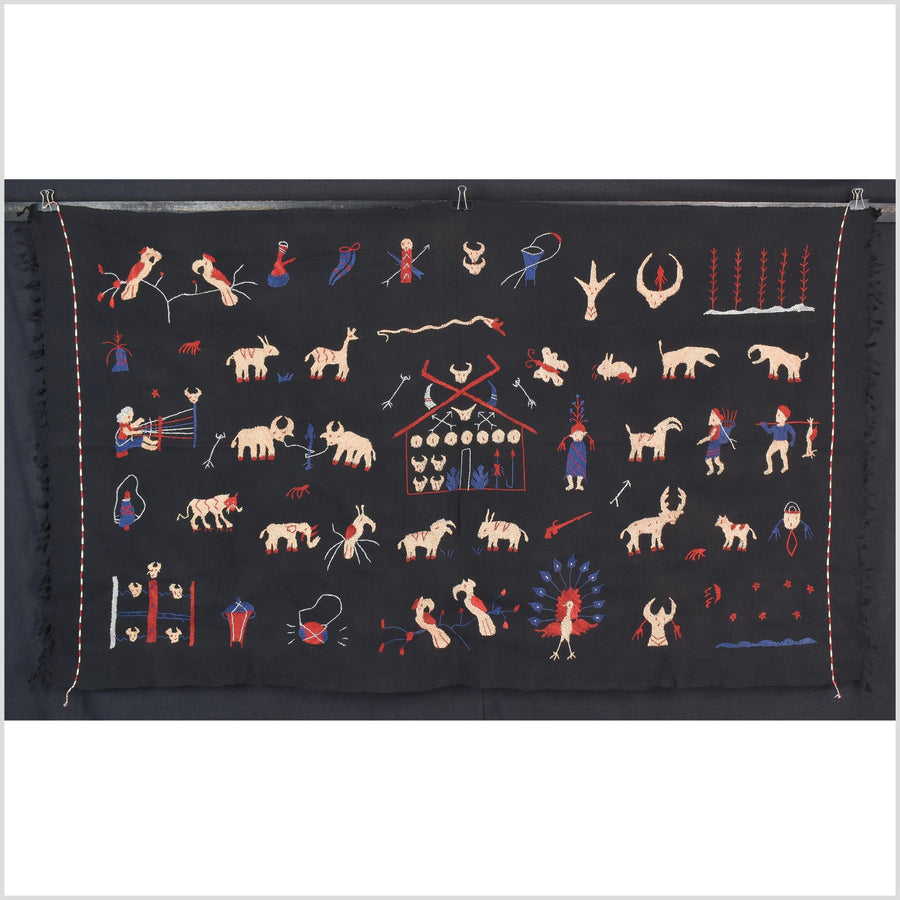 Outer-space black cotton story quilt Naga tribal textile ethnic embroidered boho fabric Burma hill tribe tapestry Thai India Hmong II245