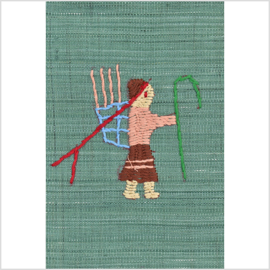 Mint green cotton story quilt Naga tribal textile ethnic embroidered boho fabric Burma hill tribe tapestry Thailand India Hmong II246