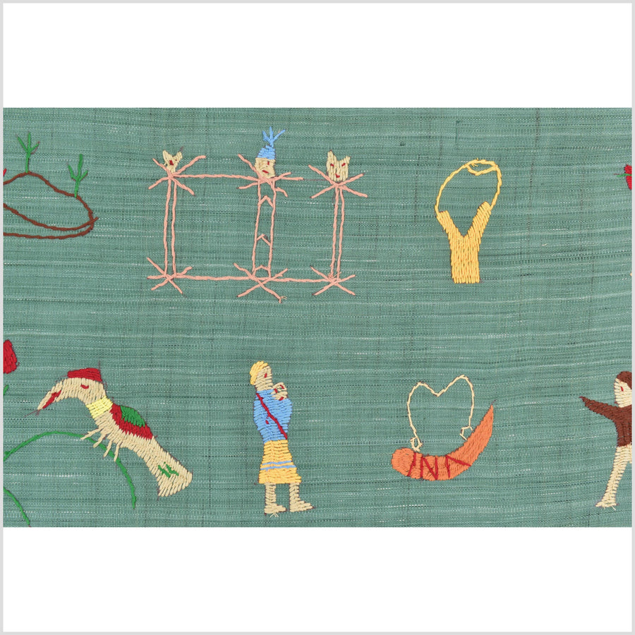 Mint green cotton story quilt Naga tribal textile ethnic embroidered boho fabric Burma hill tribe tapestry Thailand India Hmong II246