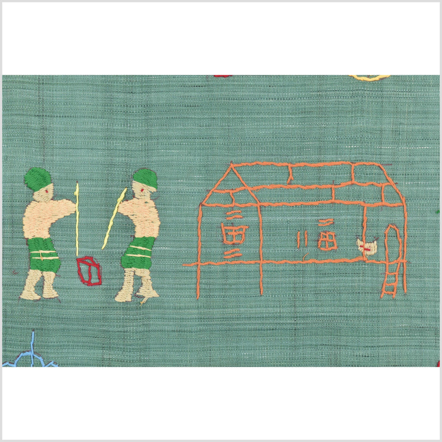 Mint green cotton story quilt Naga tribal textile ethnic embroidered boho fabric Burma hill tribe tapestry Thailand India Hmong II246