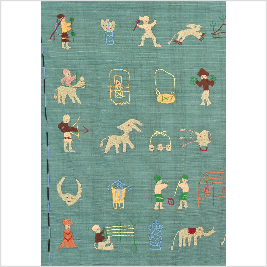 Mint green cotton story quilt Naga tribal textile ethnic embroidered boho fabric Burma hill tribe tapestry Thailand India Hmong II246