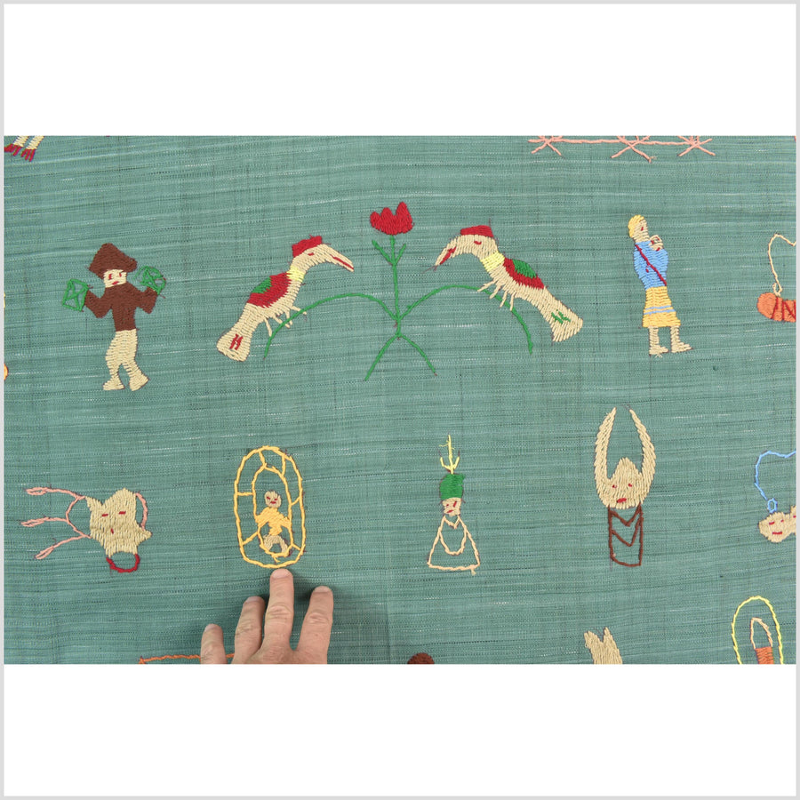 Mint green cotton story quilt Naga tribal textile ethnic embroidered boho fabric Burma hill tribe tapestry Thailand India Hmong II246