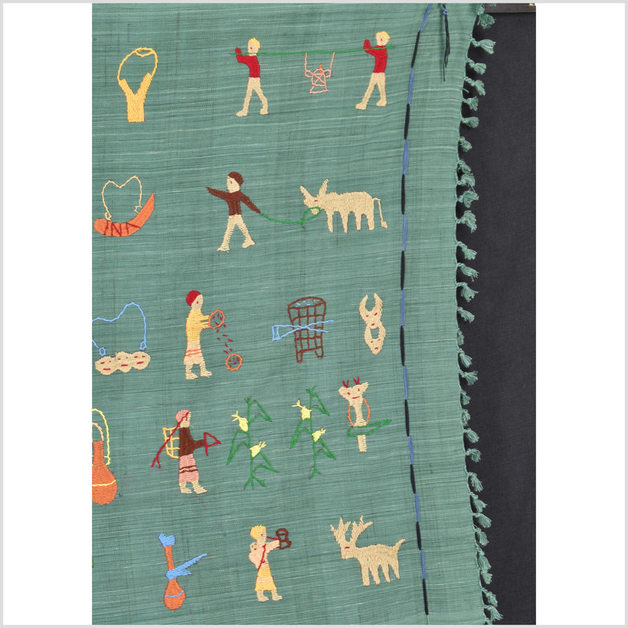 Mint green cotton story quilt Naga tribal textile ethnic embroidered boho fabric Burma hill tribe tapestry Thailand India Hmong II246