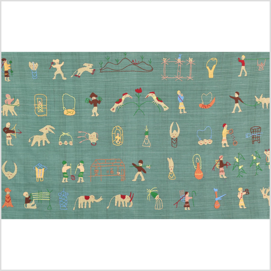 Mint green cotton story quilt Naga tribal textile ethnic embroidered boho fabric Burma hill tribe tapestry Thailand India Hmong II246