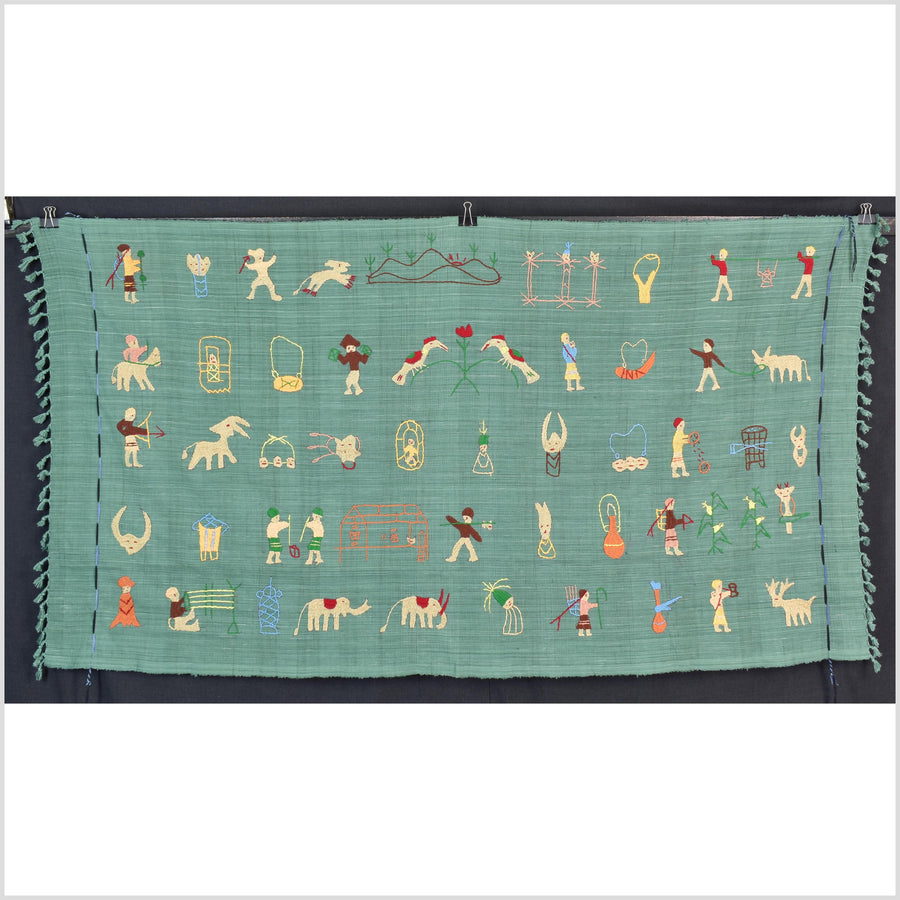 Mint green cotton story quilt Naga tribal textile ethnic embroidered boho fabric Burma hill tribe tapestry Thailand India Hmong II246