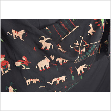 Outer-space black cotton story quilt Naga tribal textile ethnic embroidered boho fabric Burma hill tribe tapestry Thai India Hmong II247
