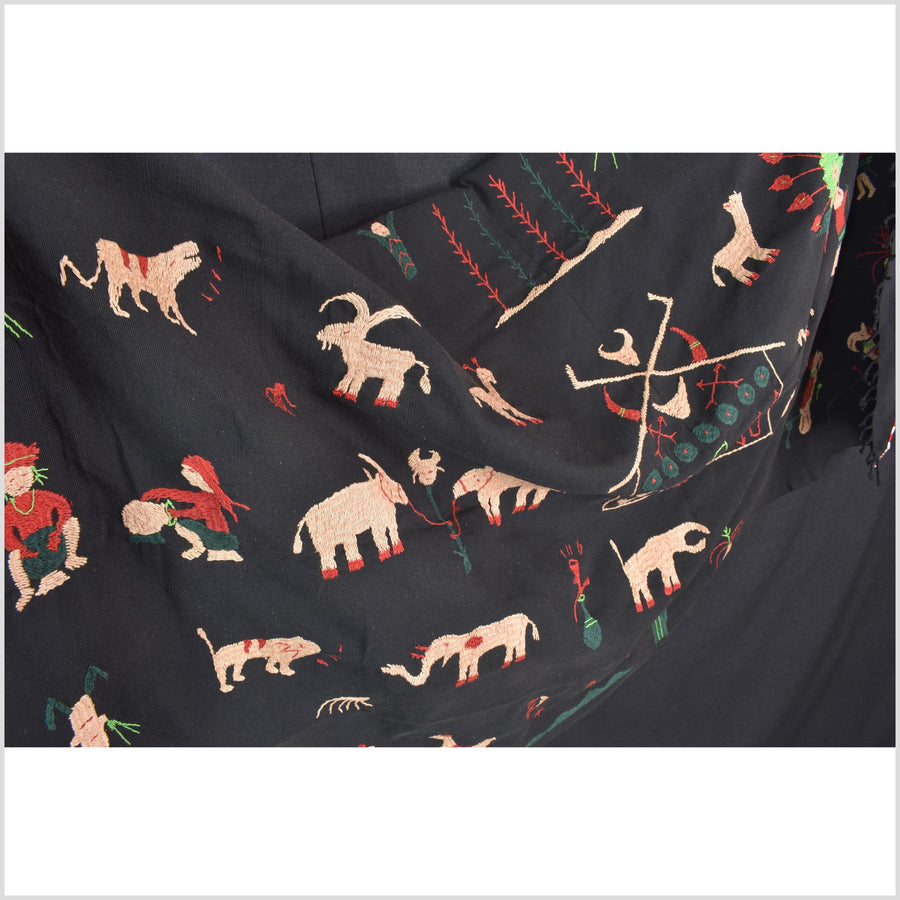 Outer-space black cotton story quilt Naga tribal textile ethnic embroidered boho fabric Burma hill tribe tapestry Thai India Hmong II247