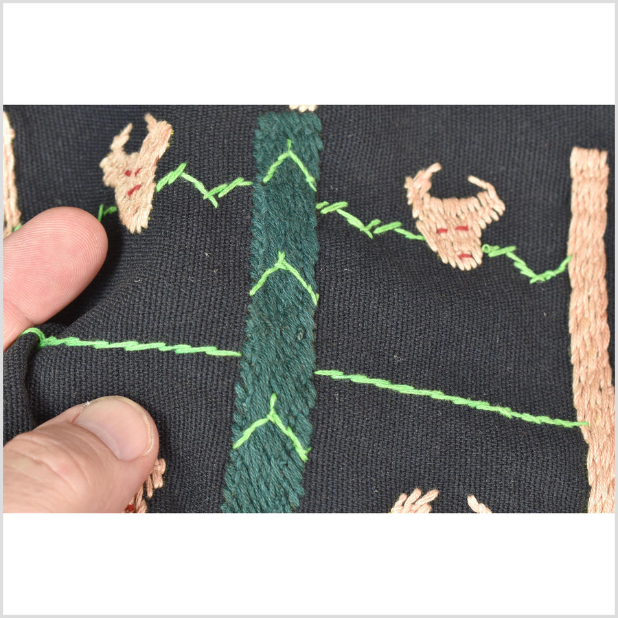 Outer-space black cotton story quilt Naga tribal textile ethnic embroidered boho fabric Burma hill tribe tapestry Thai India Hmong II247