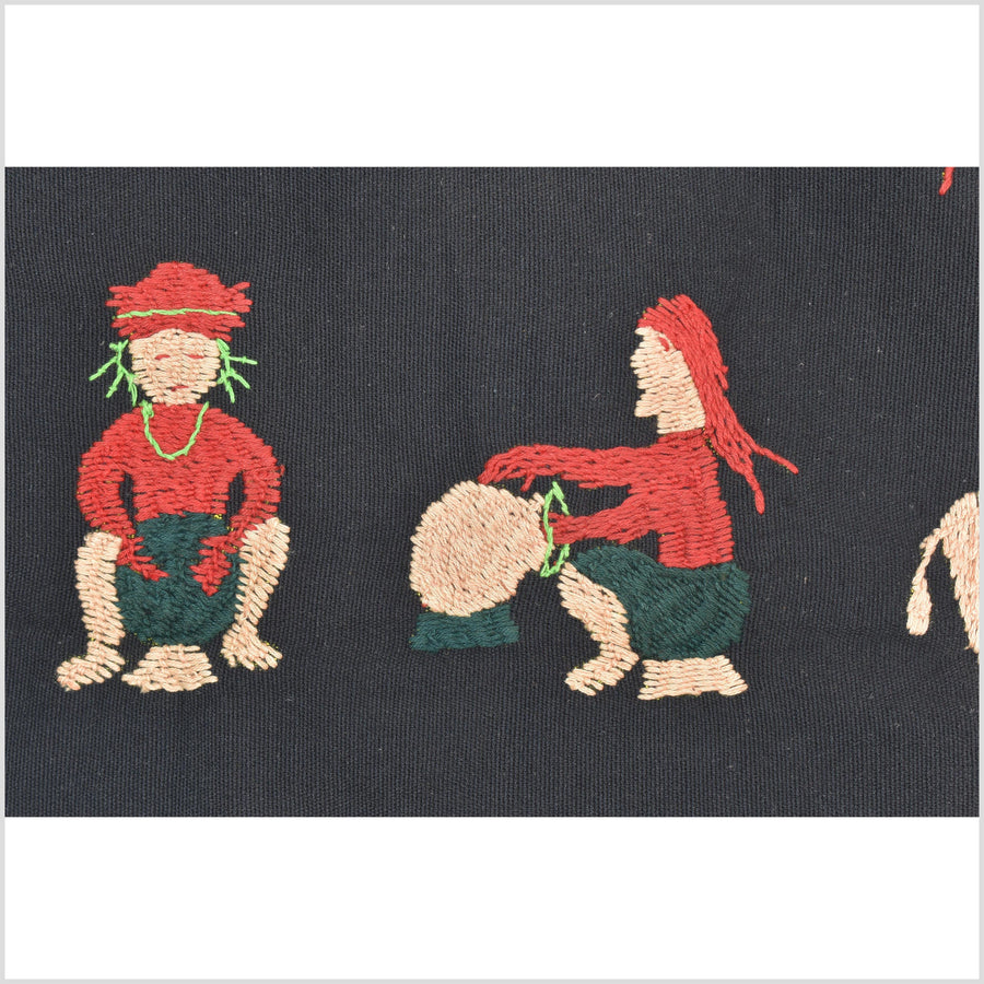 Outer-space black cotton story quilt Naga tribal textile ethnic embroidered boho fabric Burma hill tribe tapestry Thai India Hmong II247