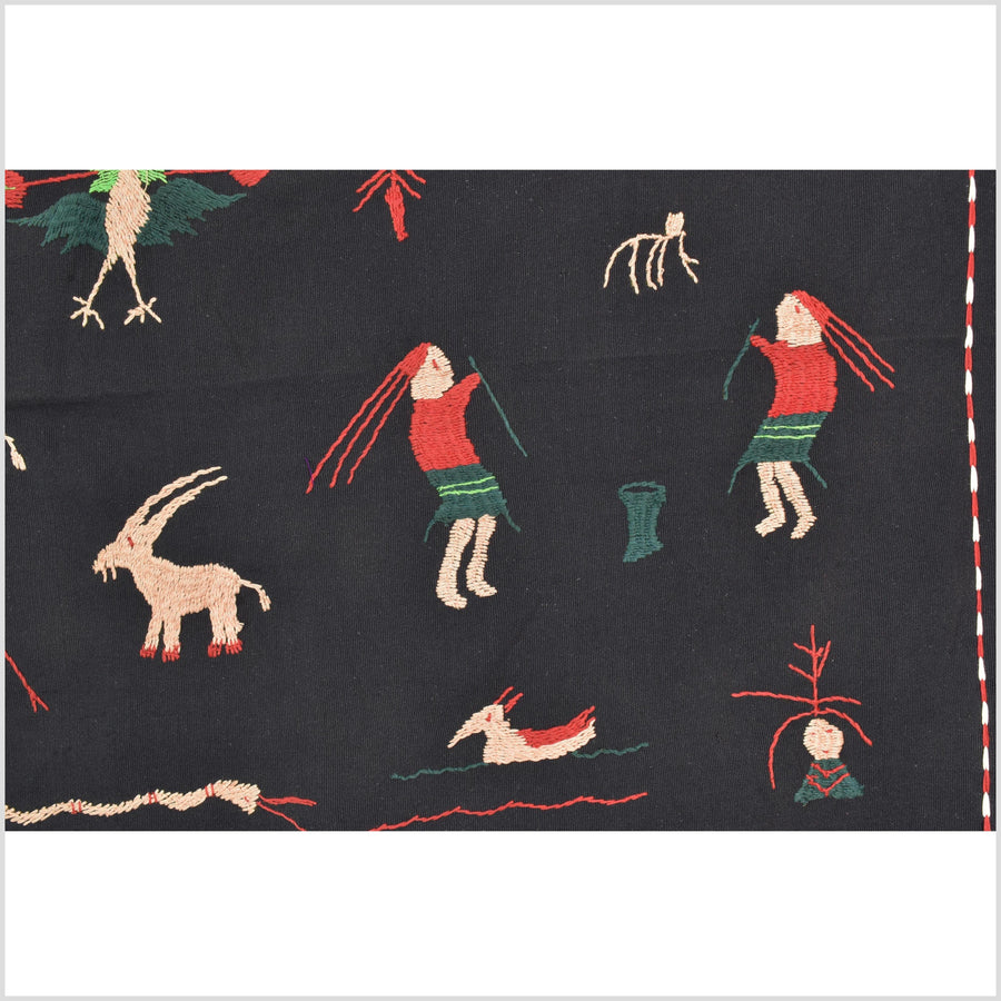 Outer-space black cotton story quilt Naga tribal textile ethnic embroidered boho fabric Burma hill tribe tapestry Thai India Hmong II247